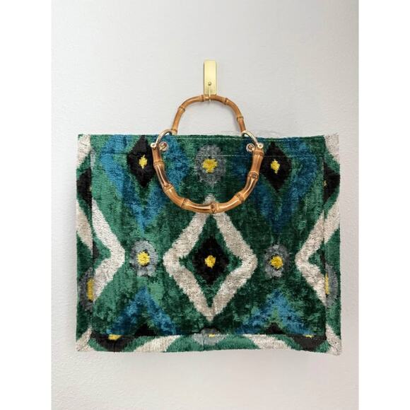 Ayca Design Handbags - Ayca Design Silk Velvet Bamboo Handle Ikat Large Tots Bag
